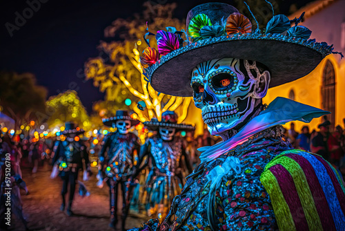 Day of the Dead parade, night, costumed skeleton man. Generative AI