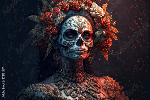 Day of the Dead, woman with skull face paint, portrait. Generative AI