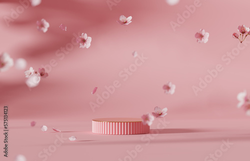 3D background, pink podium display. Sakura pink flower falling. Cosmetic or beauty product promotion step floral, pastel pedestal. Abstract minimal advertise. 3D render copy space spring mockup.