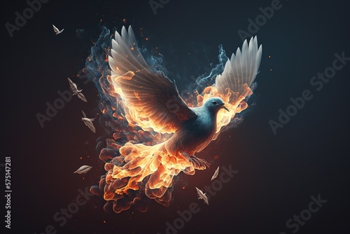 Pentecost background with flying dove and fire. Generative AI.