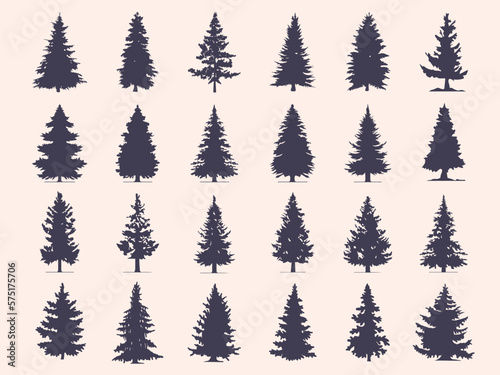 Vintage trees and forest silhouettes set in monochrome style isolated vector illustration, evergreen coniferous forest trees collection.