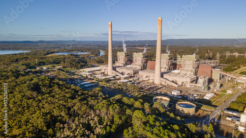 Aerial drone view of Eraring Power Station, Australia’s largest coal fired power station consisting of steam driven turbo alternators located at Eraring, NSW, Australia