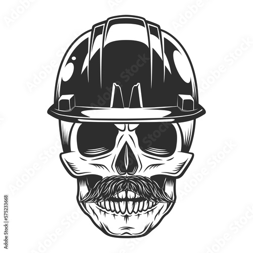 Skull with mustache in the miner or construction hard hat helmet vector illustration