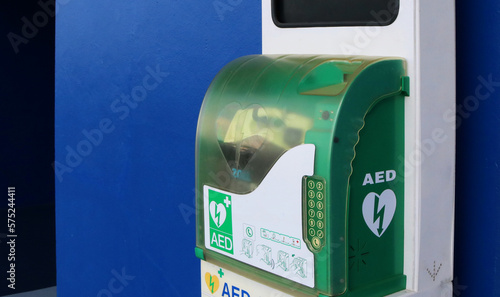 Automated external defibrillator or AED box in a public building for life saving. 