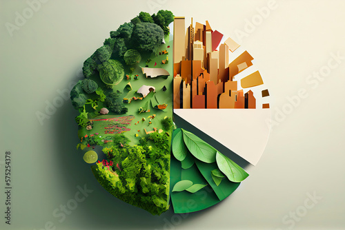 Pie chart with city and lush greenery environmental sustainability climate change