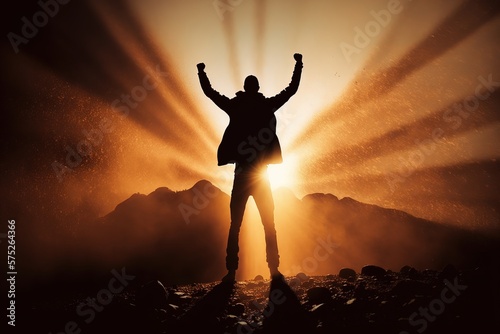 représentation du succès et de la victoire, homme de dos bras tendus face au soleil, silhouette