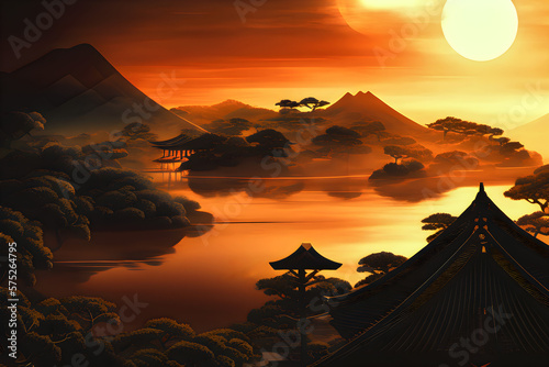 Sunset over feudal coastal town japan landscape. Generative AI