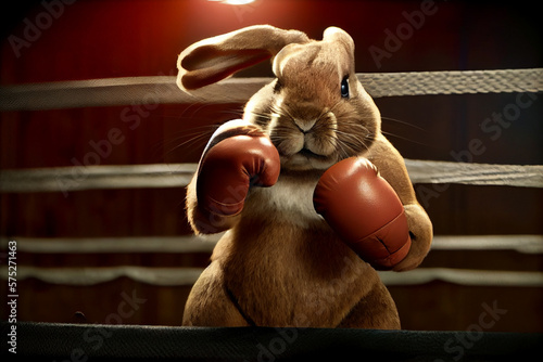 Athletic rabbit in boxing gloves. AI generated.