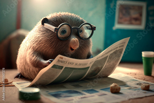 Illustration of funny blind mole with glasses reading a newspaper AI generated content