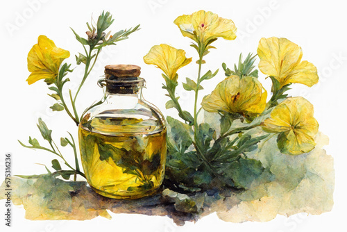 Evening primrose flower and oil watercolor style. Illustration.