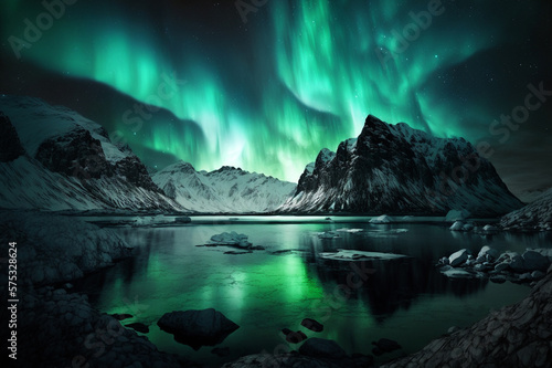 Night landscape with northern lights. Magical and mystical northern lights. Aurora Borealis.