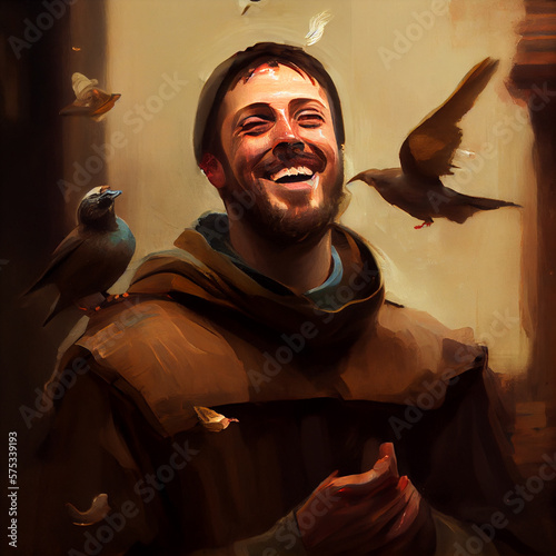 St Saint Francis of Assisi art painting illustration with birds. Generative Ai.