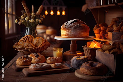 bakery interior with display counters full of scrumptious bread and pastries. Shop a patisserie or bakery with croissants, apple pies, waffles, and churros. Freshly baked pastries. Generative Ai