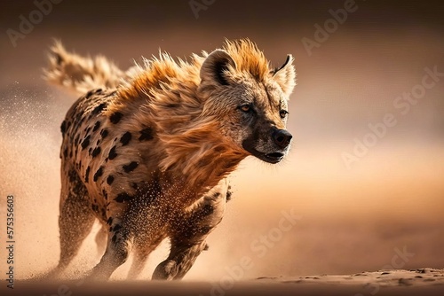 Hyena running in the field, dusty, real wildlife in action in wild life picture, generative ai