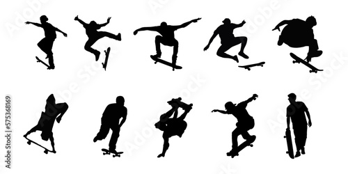 set of vector silhouettes of skateboarder, black color isolated on white background