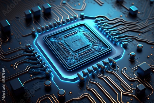 Circuit board with chip. AI technology generated image