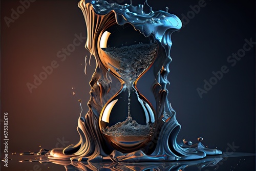 Generative AI illustration of the illusion of time, a surreal clock made of golden and mercury materials, melting in a distorted and fluid manner