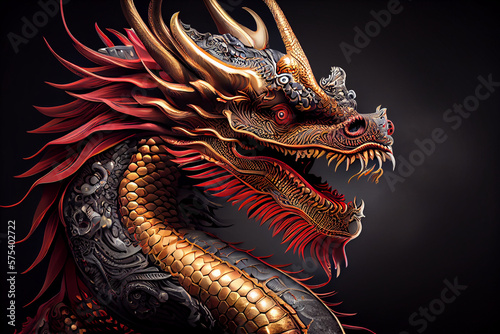 A dragon with gold and red colors is on a dark background. Generative ai
