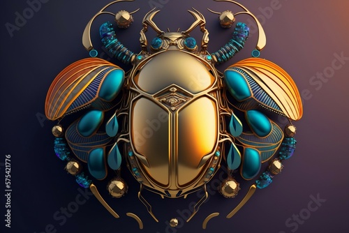 Golden scarab bug decorated with jewelry stones close up. Ai generative