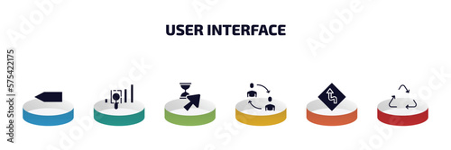 user interface infographic element with filled icons and 6 step or option. user interface icons such as blank left arrow, gap, wait cursor, exchange personel, left reverse curve, recycable vector.