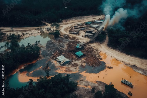 Aerial view of deforested area of the Amazon rainforest caused by illegal mining activities, created with Generative AI 