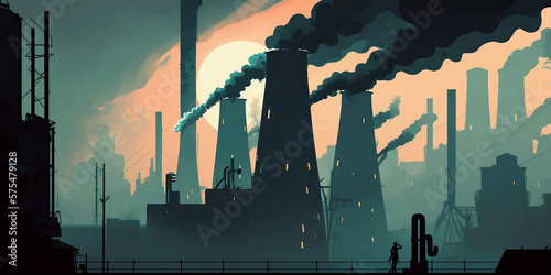 illustration of air pollution, featuring a smoky, hazy atmosphere with tall smokestacks and industrial buildings in the distance