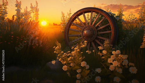 A wagon's wheel in a field of tall grass with wildflowers in bloom- Generative AI Illustrations