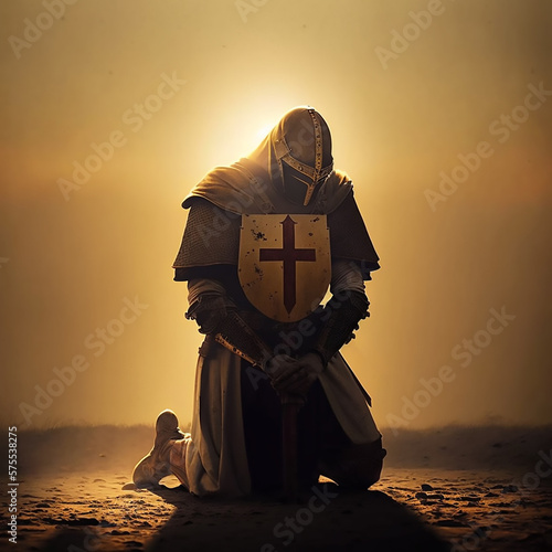 A wounded knights templar is on his knees praying to God - Generative AI Illustrations