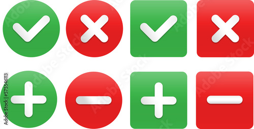Set of transparent PNG square check mark, X mark, plus sign and minus sign icons, buttons isolated on a white background. 