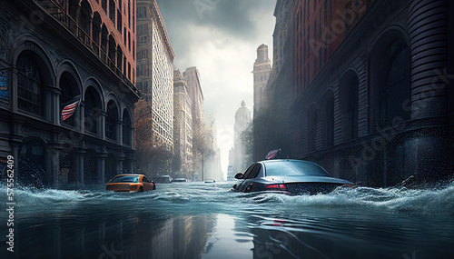 City Flood illustration. Lot of water on the streets with cars. Natural disaster. Tsunami aftermath. Generative AI