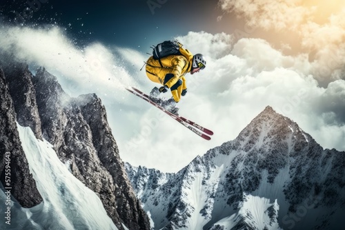 Winter extreme athlete sports, ski jumping on mountain. Winter, Snow landscape. Landscape. Generative AI Technology