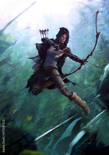 An epic battle in the forest thicket in the moonlight, the archer girl shoots in flight. she wears a black hood and a blue dress, with a quiver of arrows behind her back. dynamic action frame. 2d art