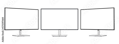 Modern Silver Computer Monitors With Blank Screens, Front and Side View, Isolated on White Background. Vector Illustration