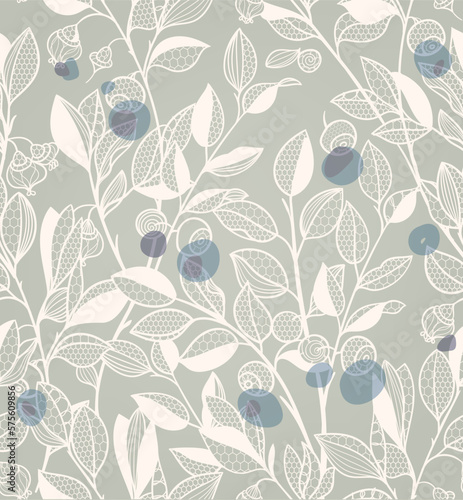 blueberry branches, berries and leaves. seamless lace pattern. vector illustration