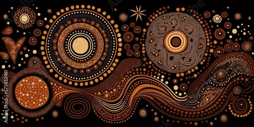 Abstract theme of Australian Aboriginal art. Represent style and dot painting techniques. AI abstract image. 