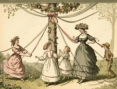 An Illustration of a May Day Celebration with a May Pole | Generative AI