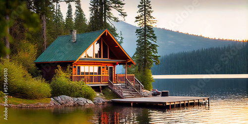 Wood cabin on the lake - log cabin surrounded by trees, mountains, and water in natural landscapes