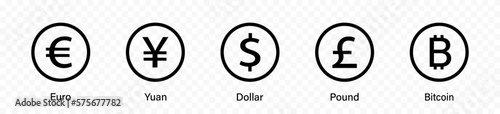 International currency symbol icons. Currency symbols. Euro, dollar, Pound, Yuan, Bitcoin. Money kind icons. Vector graphic