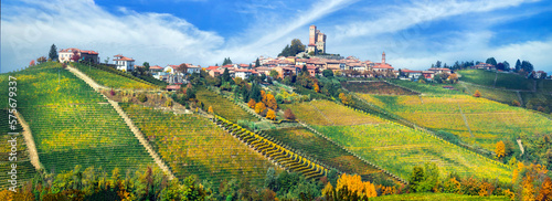 Autumn scenery. Serralunga d'alba village in Piemonte (Piedmont) with vast fields of vineyards. famous wine region of Italy