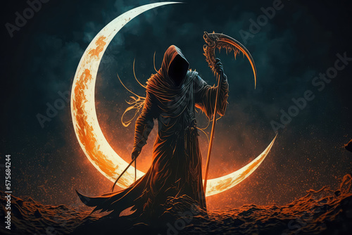 illustration painting of the Death as know as Grim Reaper holding the scythe against the eclipse on the background, digital art style. (ai generated)