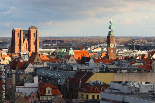 Aerial view of Wroclaw city with Old Town buildings, Town Hall and St Mary Magdalene Church 