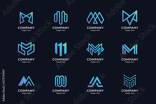 set of letter m logo and combination, with blue and purple gradient color style and dark blue background. suitable for business enterprises, technology, etc.