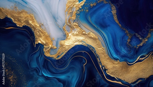 Abstract blue marble texture with gold splashes, blue luxury background