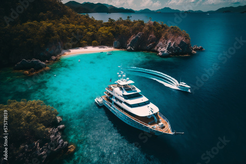 Large yacht boat with helicopter landing place captured in aerial drone photo in tropical exotic paradise bay with turquoise open sea, Generative AI