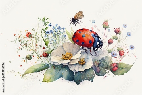 Beautiful ladybug watercolor illustration made with Generative AI 