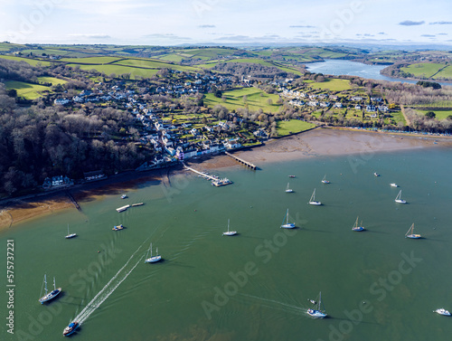 Dittisham and Greenway Quay and Ferry from a drone, River Dart, Devon, England