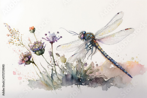Beautiful dragonfly watercolor illustration made with Generative AI