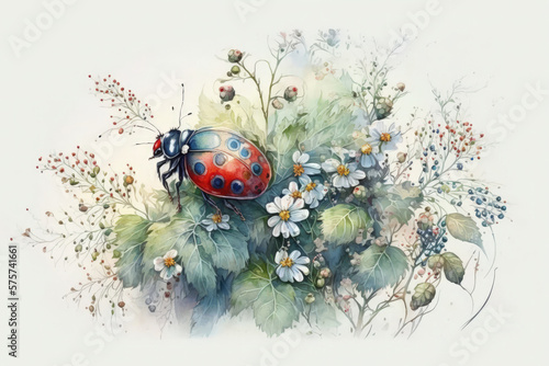 Beautiful ladybug watercolor illustration made with Generative AI