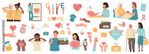 Charity set vector illustration. Cartoon social awareness and help collection, people donate money and humanitarian aid, give support and care, volunteers work in nonprofit company with altruism