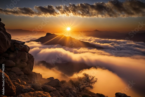Sunrise in the mountain with cloud inversion generative AI